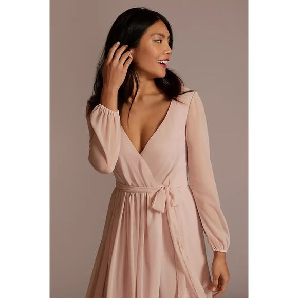 Celebrate DB Studio Teal Chiffon Long Sleeve V-Neck Dress SZ 14 Bridesmaid Gown - Picture 2 of 13